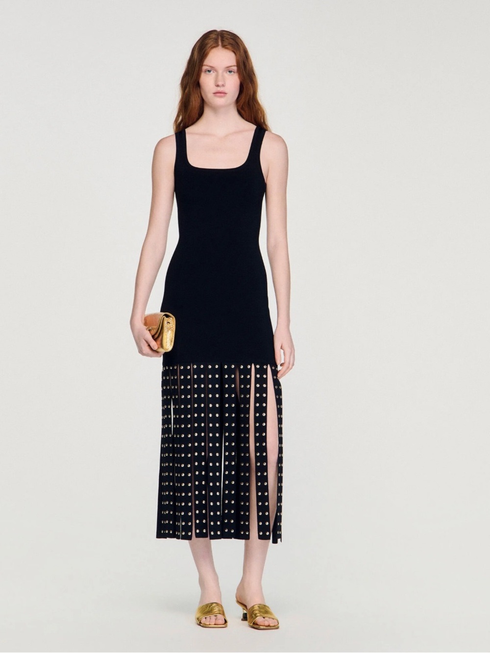 Sandro Sleeveless Midi Dress with Studded Fringe NWT Size small